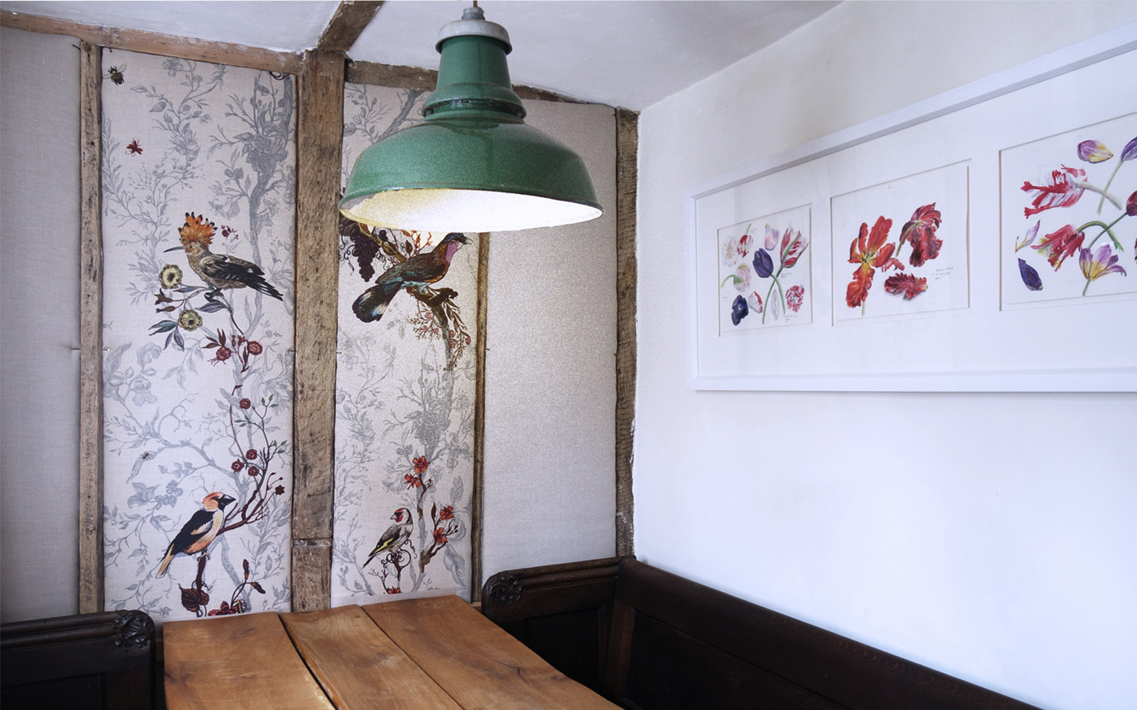 country house dining room with bird print fabric wallpanels