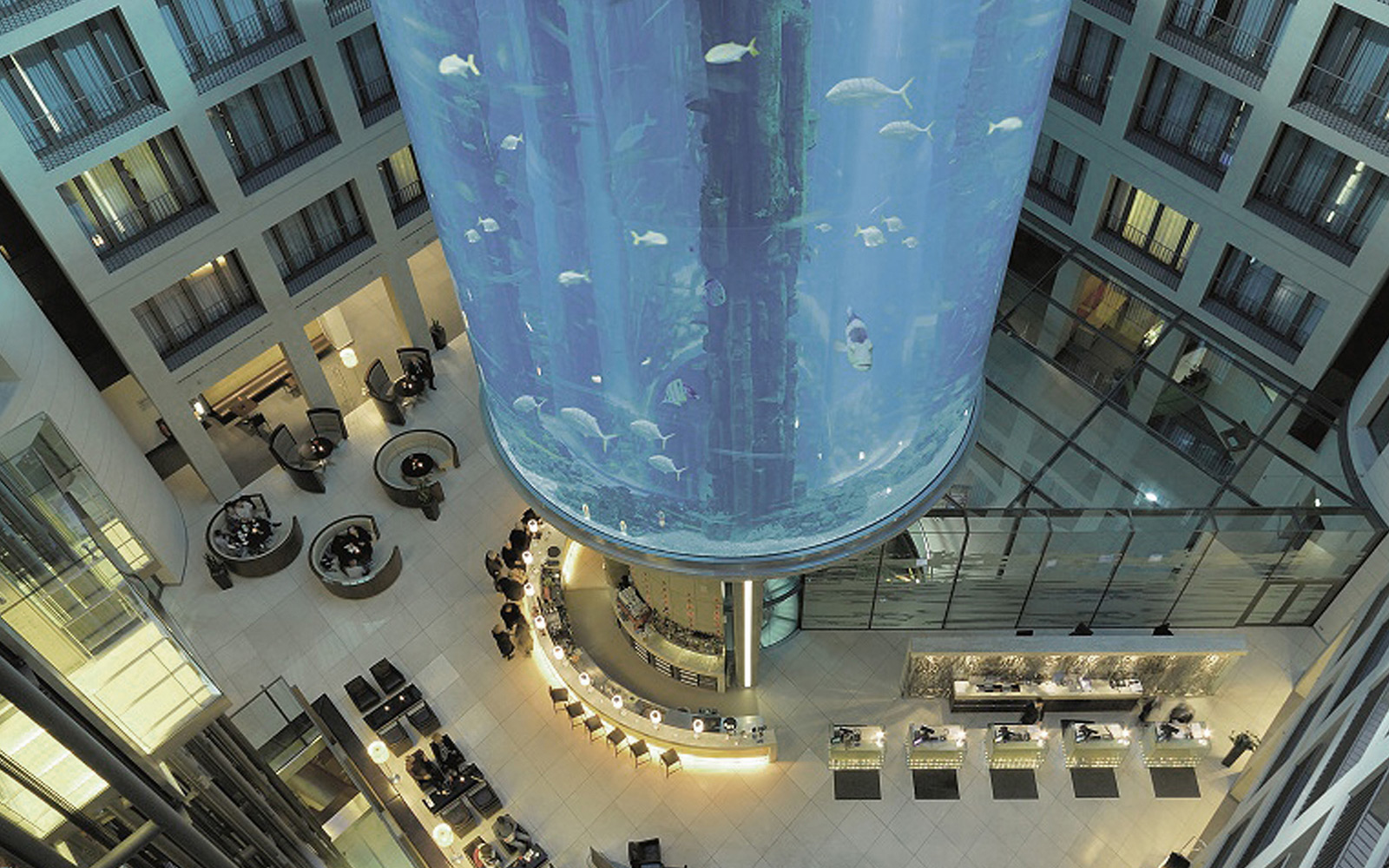 hotel designer for radisson blue public areas showing reception with sealife aquarium.